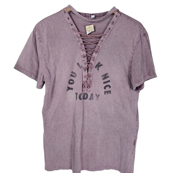 Dont Ask Why Italian Lace-Up Graphic Tee M Heather Purple 100% Cotton Casual - Picture 1 of 7